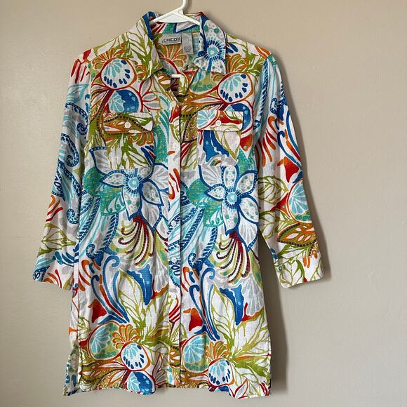 Chico's Tops - Chico's Tunic Blouse XS Linen Blend Tropical Print Colorful Summer Lightweight